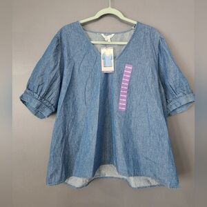 Draper James Women's XXL Puff Sleeve V-neck Chambray Top New NWT